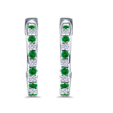 Half Eternity Huggie Hoop Earrings Round Simulated Green Emerald CZ 925 Sterling Silver (14mm)